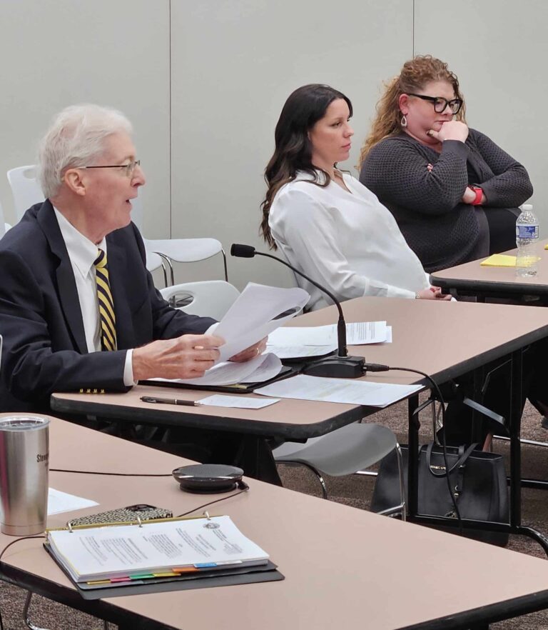 Attorney James Bopp argued against the candidacy of Alexandra Wilson (in white shirt), who is represented by attorney Samantha DeWester (far right), during the Indiana Election Commission hearing on April 8. (Photo/Marilyn Odendahl)