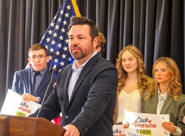Lt. Gov. Micah Beckwith speaks during the Braun administration’s March announcement of its partnership with Turning Point USA. (Photo/Sydney Byerly)  