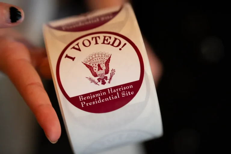 “I voted” stickers are handed out at the polling location at the Benjamin Harrison Presidential Site on Election Day, Nov. 5, 2024. (Photo/Nate Pappas for Mirror Indy)