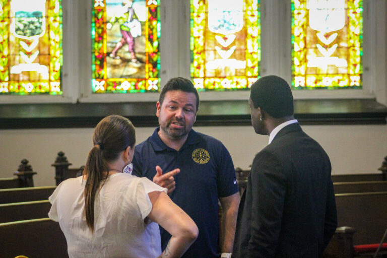 Lt. Gov. Micah Beckwith talked with Pastors Joandy and Jodi Angrand of God's House in Marion, ahead of his Grant County town hall on July 29. (Photo / Sydney Byerly)