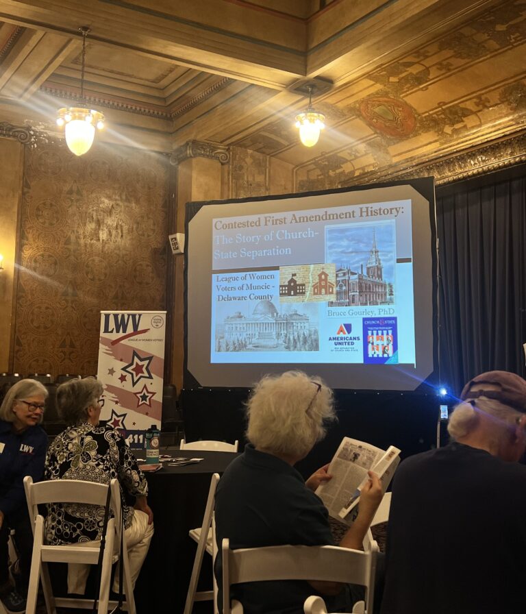 A group of Muncie residents gathered Saturday for The League of Women Voters of Muncie-Delaware County event,  “Contested First Amendment History: The Story of Church-State Separation,” a daylong discussion that brought together a historian and a panel of local religious, civic and academic voices. (Photo/Sydney Byerly)