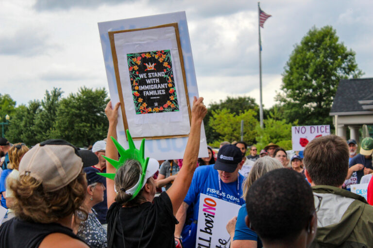 Fishers Resists, which organized the Hoosier Hospitality March on Aug. 1 in Hamilton County (pictured above), is participating in the statewide Weekend of Public Witness. (Photo/Sydney Byerly)