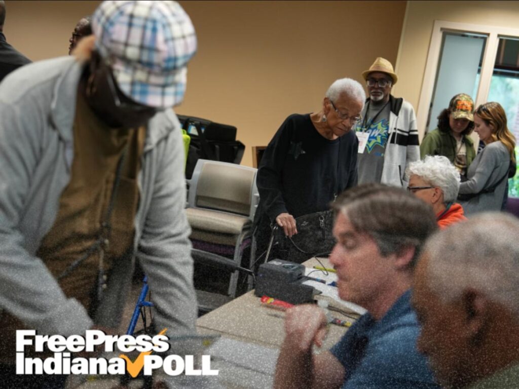 People check in to vote Nov. 5, 2024, on Election Day at Eskenazi Health Center Pecar on the northwest side of Indianapolis. Credit: Photo: Jenna Watson/Mirror Indy; illustration: Free Press Indiana